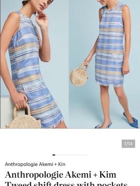 Anthropology brand Akemi + Kin women’s Blue and Gold tweed shift Dress size 4